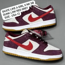 Skate Like a Girl x NIKE SB Dunk Low Red Grey Size : US4-12 Quantity 200 pairs Condition: brand new Numbers per pallet: 60 pairs